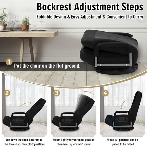 Vista 8 de Silla de juegos giratoria de piso con reposabrazos, sofá reclinable plegable de video con 6 posiciones ajustables, respaldo acolchado y cojín, sofá