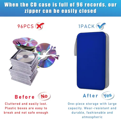 Vista 5 de Funda de CD y DVD para automóvil, soporte de plástico duro para CD de capacidad para 96 unidades, organizador de discos de DVD con cremallera