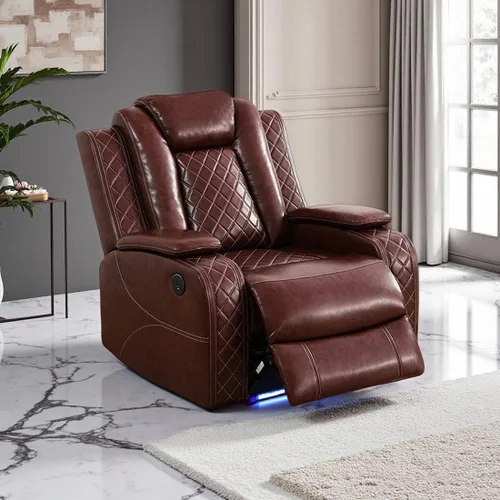 Vista 21 de Juego de sofá seccional reclinable eléctrico con luz LED, sofá esquinero reclinable de cuero y silla, muebles reclinables de teatro