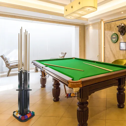 Vista 6 de Soporte de piso para taco de billar de madera, organizador de sala de juegos, con capacidad para 9 tacos, juego completo de bolas y accesorios