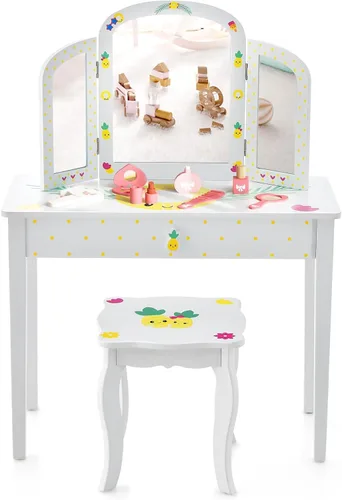 Vista 8 de Costzon Vanity - Juego de tocador para niñas con espejo plegable de tres piezas, taburete, cajón de almacenamiento, tocador de maquillaje