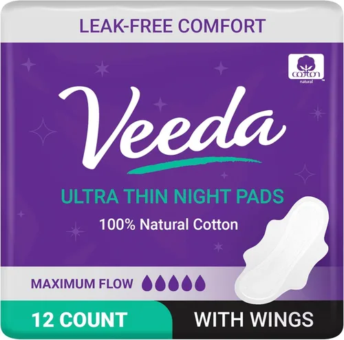 Veeda Almohadillas de noche de algodón natural para mujer, almohadilla femenina ultrafina absorbente de flujo pesado para la noche, almohadillas
