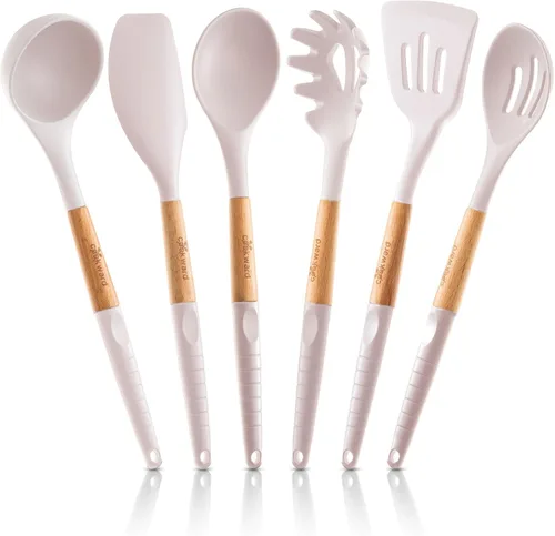 Vista 10 de Juego de 6 utensilios de cocina de silicona de madera natural, ecológicos y sin BPA, antiadherentes, de fácil agarre, gris oscuro