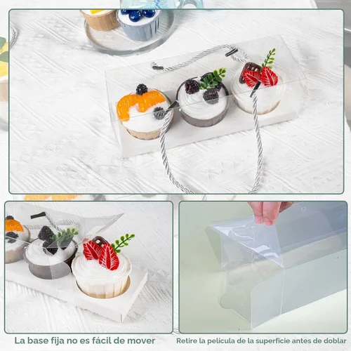 Vista 3 de 20 cajas transparentes para cupcakes con asa, portador de cupcakes para fiesta A-Blanco 9x3x3in