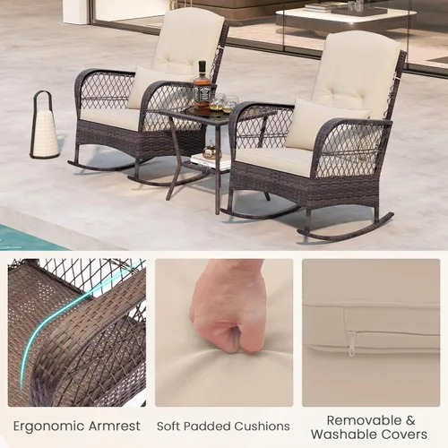 Vista 6 de ORALNER Juego de 3 mecedoras de mimbre para muebles de patio, sillas mecedoras para exteriores con cojines, almohadas, mesa de centro de cristal