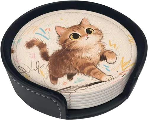 Drink Coasters Set of 6, Brown Kitten Printed PU Leather Round Coaster with Holder for Outdoor, Office, Bar, Funny Heat-Resistant Home Desk Decor