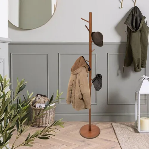 Vista 31 de Perchero y soporte de madera maciza, colgador de ropa independiente con 8 ganchos y 3 alturas ajustables, perchero, soporte para sombreros, Natural