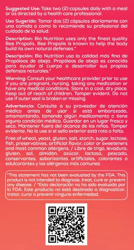 Vista 4 de Bio Nutrition Bee Propolis, cápsulas de suplemento de apoyo inmunológico de defensa natural de 1000 mg, 60 Ea, 60