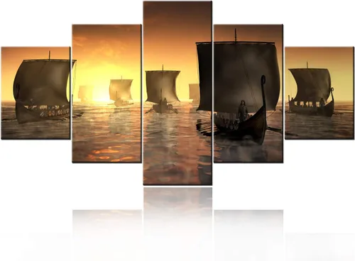 Vista 6 de Cuadros de pared para sala de estar, cuadros de naves de batalla de vikingos, varios paneles, lienzo, arte de pared, puesta de sol, barco pirata