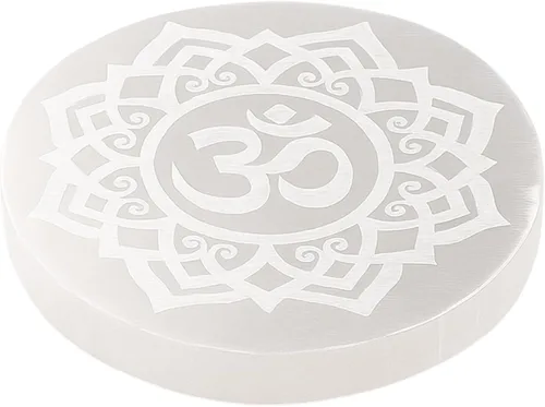 Vista 19 de Placa de carga de selenita con diseño de cubo de metatrón, cargador de cristal curativo grabado de 4 pulgadas Posavasos redondo de disco