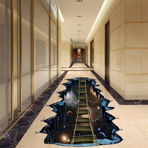 Vista 4 de Calcomanías 3D para suelo de galaxia, espacio exterior, puente colgante, calcomanías de pared, removibles, impermeables, decoración de pared