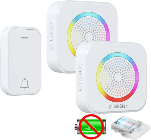 Vista 10 de Kit de timbre inalámbrico, timbre autoalimentado sin batería, rango de 600 pies, 63 campanas seleccionables, volumen ajustable con luz RGB, timbre