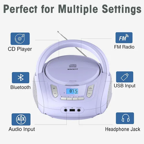 Vista 2 de Reproductor de CD de radio con Bluetooth, radio FM, reproducción de MP3 USB, entrada auxiliar, conector para auriculares, compatible con CD MP3