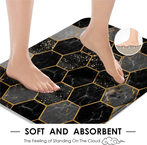 Vista 4 de Juego de cortina de ducha de mármol con tapa de inodoro y alfombras antideslizantes, 4 piezas de cortina de ducha hexagonal de oro negro con 12