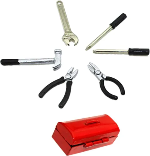 Vista 2 de Accesorios de decoración de casa de muñecas, 1:12, modelo de escena en miniatura, juego de herramientas de trabajo con caja de herramientas, 7