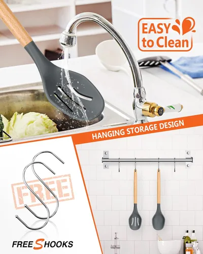 Vista 4 de Cucharas de cocina de silicona grandes, paquete de 2 cucharas antiadherentes con mango de madera maciza y ranurada, cucharas de cocina de silicona