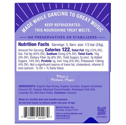 Vista 2 de Honey Mama's, Barras de trufa de cacao con lavanda y rosa, sin azúcar refinado, sin gluten, sin lácteos, sin soja, Paleo, 2.5 onzas, barra de 3