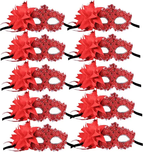 10 máscaras de máscaras para mujer, máscaras de fiesta veneciana, máscaras de Navidad para mujer, máscaras de media cara con flores, color rojo