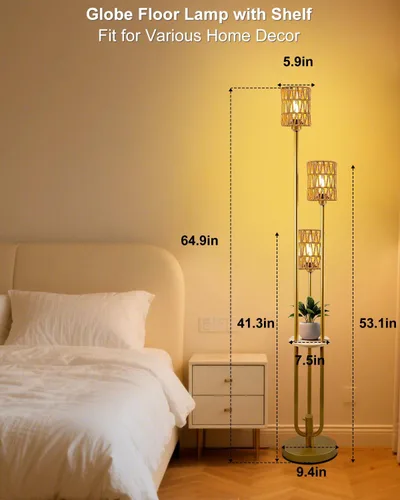 Vista 8 de Lightdot Lámparas de pie bohemias regulables para sala de estar, lámpara de pie de ratán de 3 luces con estantes, lámpara de pie de granja blanca