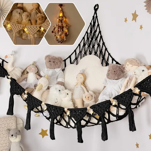 Vista 8 de TIDYTEDS Macramé DreamLights Hamaca de Red de Almacenamiento de Animales de Peluche Boho Extra Grande Soporte de Almacenamiento de Juguetes de Azul