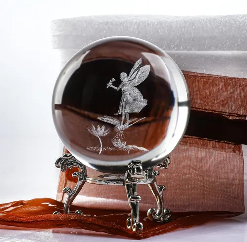 Vista 5 de HDCRYSTALGIFTS Figuras de hada de cristal láser 3D de 2.3 pulgadas con libélula y loto, bola de cristal pisapapeles con base de soporte, grabado 3D