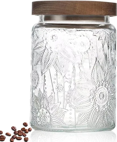 Vista 10 de Tarro de almacenamiento de vidrio hermético de 34 onzas con tapa de bambú - Tarro de vidrio vintage, recipientes de alimentos vintage, juego