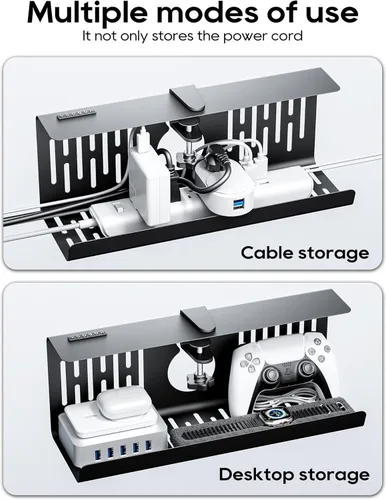 Vista 7 de NODOCA Bandeja de gestión de cables para debajo del escritorio sin perforación, gestión de cables de 14'', abrazadera sin perforaciones, bandeja