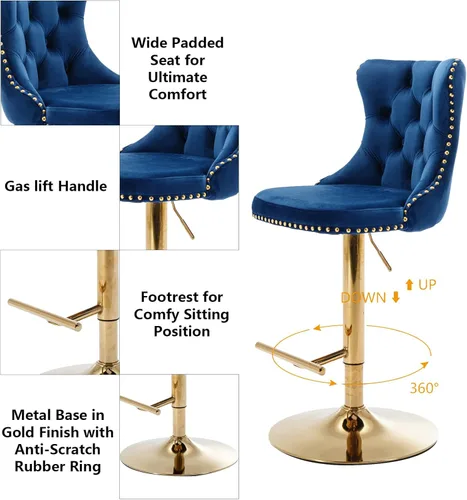 Vista 6 de Aoowow Juego de 2 taburetes de bar giratorios, taburetes de bar ajustables con respaldo de terciopelo copetudo, sillas de bar modernas tapizadas