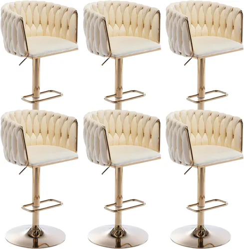 Vista 4 de Juego de 2 taburetes de bar giratorios de terciopelo, taburetes de bar de altura de mostrador con respaldo tejido, taburetes de cocina dorados