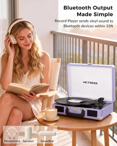 Vista 3 de Tocadiscos de maleta portátil Bluetooth con altavoces estéreo, tocadiscos de 3 velocidades, grabación USB a digital, conector RCA/AUX