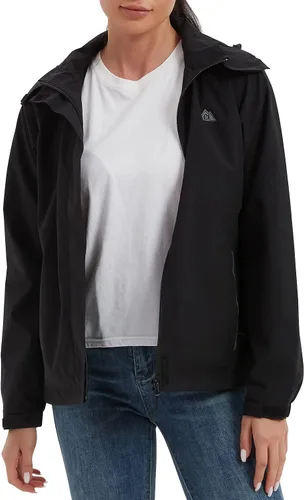 Vista 4 de MOERDENG Chaqueta impermeable para mujer, ligera, con capucha, para senderismo, cortavientos softshell