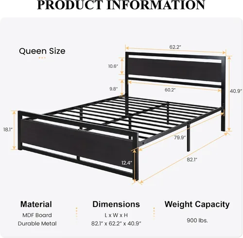 Vista 2 de SHA CERLIN Base de cama tamaño Queen con cabecera moderna, base de metal de plataforma resistente con estribo cuadrado y soporte de 13 listones Negro