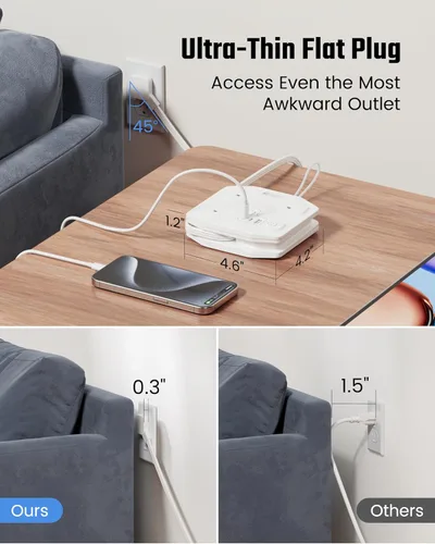 Vista 41 de Cable de extensión de 10 pies con múltiples tomas, tira de alimentación con protector de sobretensiones de enchufe plano, cable de 10 pies de largo