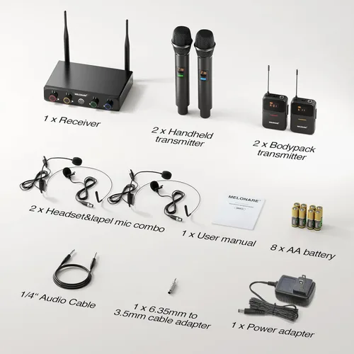 Vista 8 de Sistema de micrófono inalámbrico de 4 canales, juego de micrófono inalámbrico UHF con frecuencias de 4x10, 200 pies, 2 micrófonos dinámicos de mano
