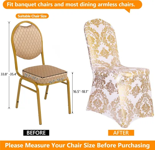 Vista 2 de Juego de 1 fundas decorativas para sillas de comedor, con estampado de flores doradas, extraíbles, lavables, de elastano, para fiestas, bodas