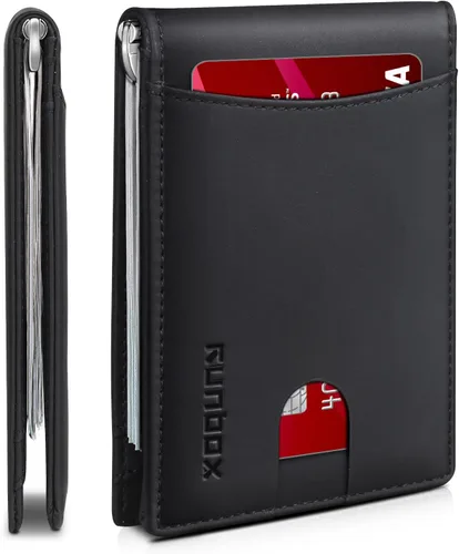 RUNBOX Cartera delgada de cuero genuino para hombre, bloqueo RFID, plegable, minimalista, bolsillo frontal, cartera para hombre con clip para