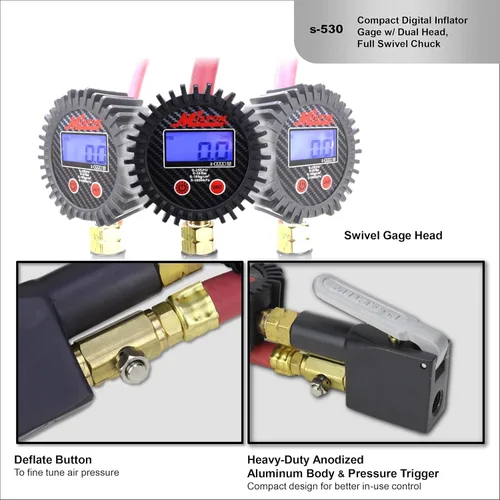 Vista 6 de Milton S-530 Inflador de neumáticos digital compacto con manómetro, 255 PSI, mandril de aire de doble cabezal, manguera de 15 ", dial de 2.5