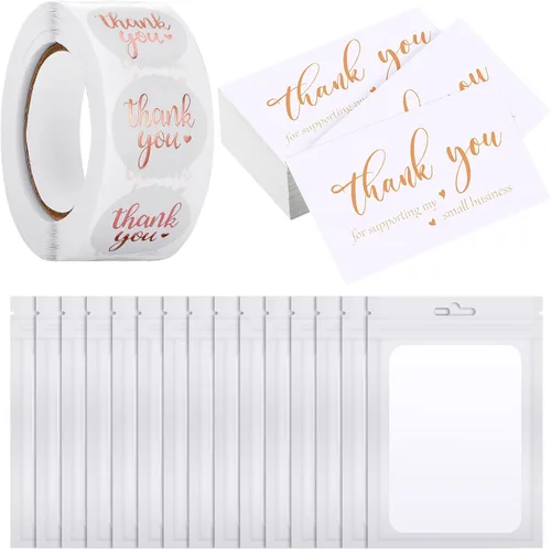 Vista 10 de Outus Juego de 620 tarjetas y calcomanías de agradecimiento. Calcomanías con capa de oro de agradecimiento para apoyar mi pequeño negocio con bolsa