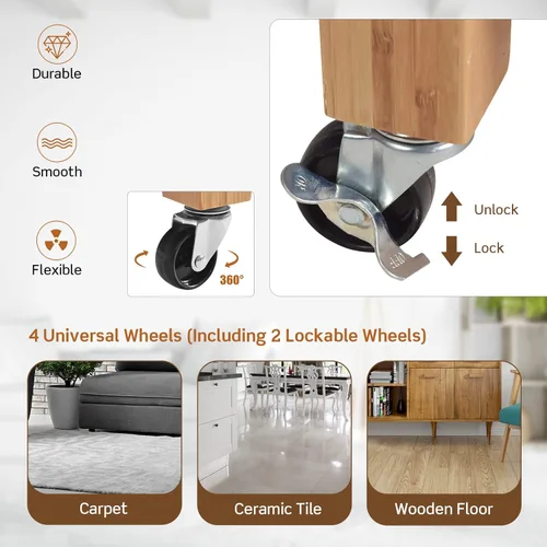 Vista 6 de Isla de cocina, carrito de cocina con ruedas, carrito de cocina de bambú con cajones, estantes, toallero, pequeño carrito de isla de cocina