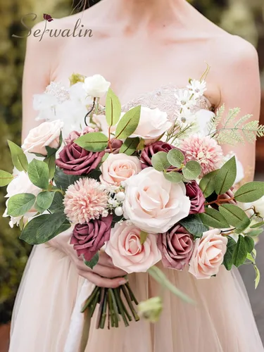 Vista 7 de Serwalin Flores artificiales, rosas polvorientas, flores de seda falsas para bricolaje, ramos de novia, rosas falsas rosas, combinados, centros
