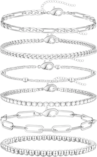 adoyi Dainty Gold Silver Chain Bracelets Set for Women Girls 14K18K Real Gold Plated Layered Link Chain Bangle Bracelets Pack for Women Adjustable
