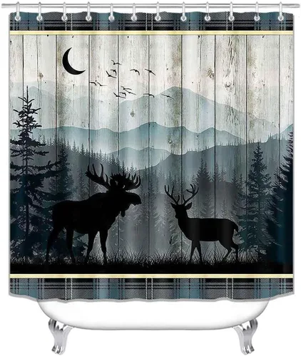Vista 201 de Camille&Andrew - Juego de 4 cortinas de ducha de tela de ciervo rústico negro, alce, alce, pino, luna, casa de campo, panel rústico, tablero
