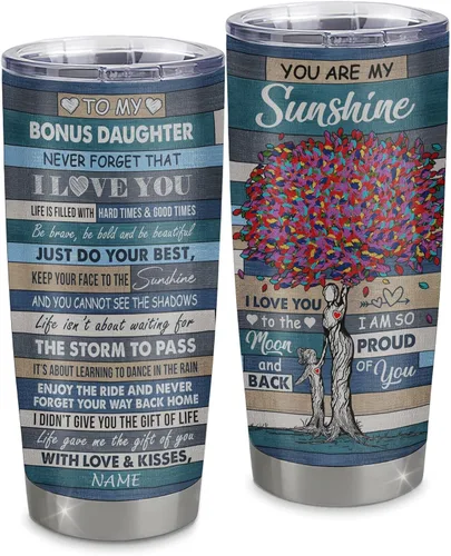 Vista 17 de Vaso de acero inoxidable personalizado con texto en inglés «To My Bonus Daughter From Stepmom», vaso curvado de 20 onzas con diseño de girasol