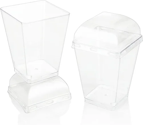 Vista 4 de DAJAVE Paquete de 100 tazas de plástico para postres de 5 onzas con tapas y cucharas, tazas de parfait cuadradas transparentes con tapas, mini tazas