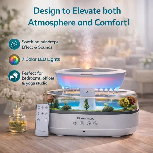Vista 6 de Dreamlax Rain Humidifiers for Bedroom – Cool Mist Essential Oil Diffuser, White Noise Machine with 10 Nature Sounds, 7 LED Lights, Remote Control &