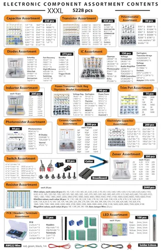 Vista 2 de XXXL Kit de caja surtida de componentes electrónicos, 5228 piezas, condensadores, transistores, potenciómetros, diodos, circuitos integrados