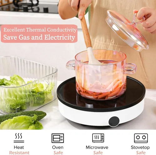 Vista 5 de Olla de vidrio rosa de 2 litros, 67.6 fl oz/2.2 cuartos de galón / 68 onzas, ollas de vidrio para cocinar en la estufa, tapa en forma de corazón