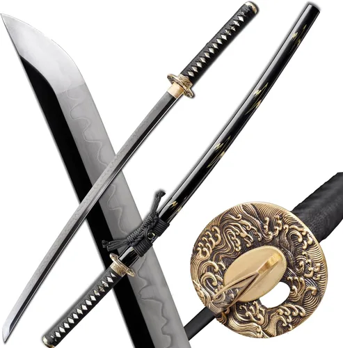 Vista 13 de Espada Katana Samurai, templada en arcilla, acero T10, Hamon real, espada completa Full Tang, hecha a mano, samurái, extremadamente afilada