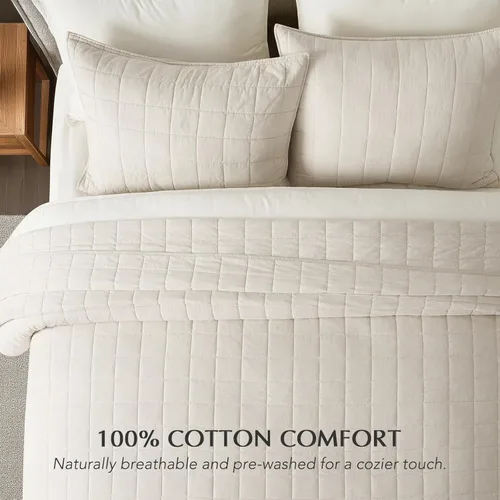 Vista 2 de EVERGRACEHOME Juego de ropa de cama de 3 piezas de 100% algodón con puntada de caja, tamaño King, ligero, suave y acogedor, juego de colcha