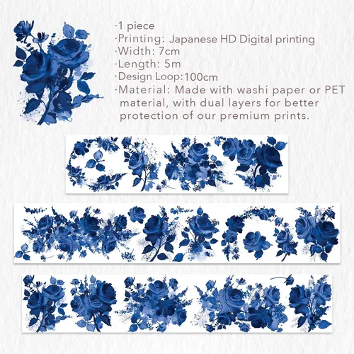 Vista 9 de WT Cinta ancha de PET azul cobalto, rollo individual, diseños originales, decoraciones florales, adhesivo transparente claro, diario basura